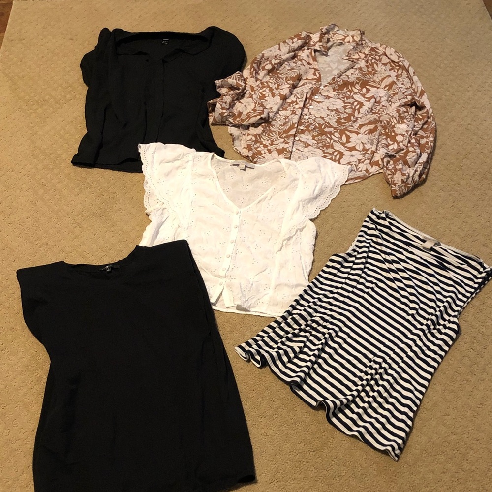 Women’s group of 5 tops.  Loft, Banana Republic , 7 for all Mankind and Shein.
